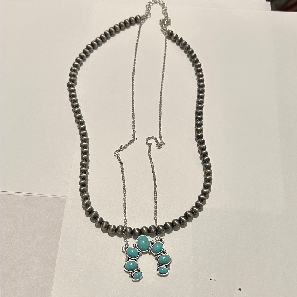 Faux Turquoise and Silver Beaded Necklace